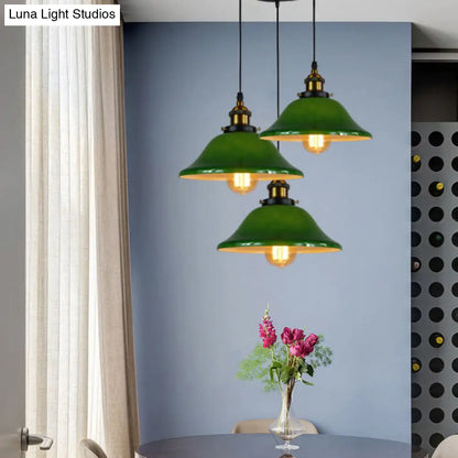 Flared Green Glass Pendant Lighting - 3 Lights Industrial Style, Brass Finish