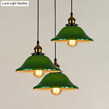 Flared Green Glass Pendant Lighting - 3 Lights Industrial Style, Brass Finish