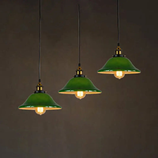 Flared Green Glass Pendant Lighting - 3 Lights Industrial Style, Brass Finish