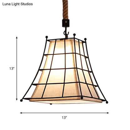 Flared Hanging Lamp with Fabric Shade - Wire Frame Rustic Suspension Light in Black