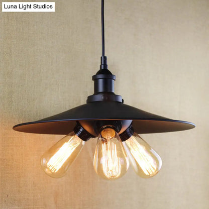 Flared Industrial Chandelier Light Fixture - 3-Light Metal Pendant Lighting in Black for Restaurants