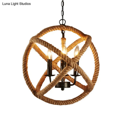 Flaxen Hemp Rope Pendant Ceiling Light with Metallic Candle – Retro Style, 3-Bulb Suspension Lighting Sphere