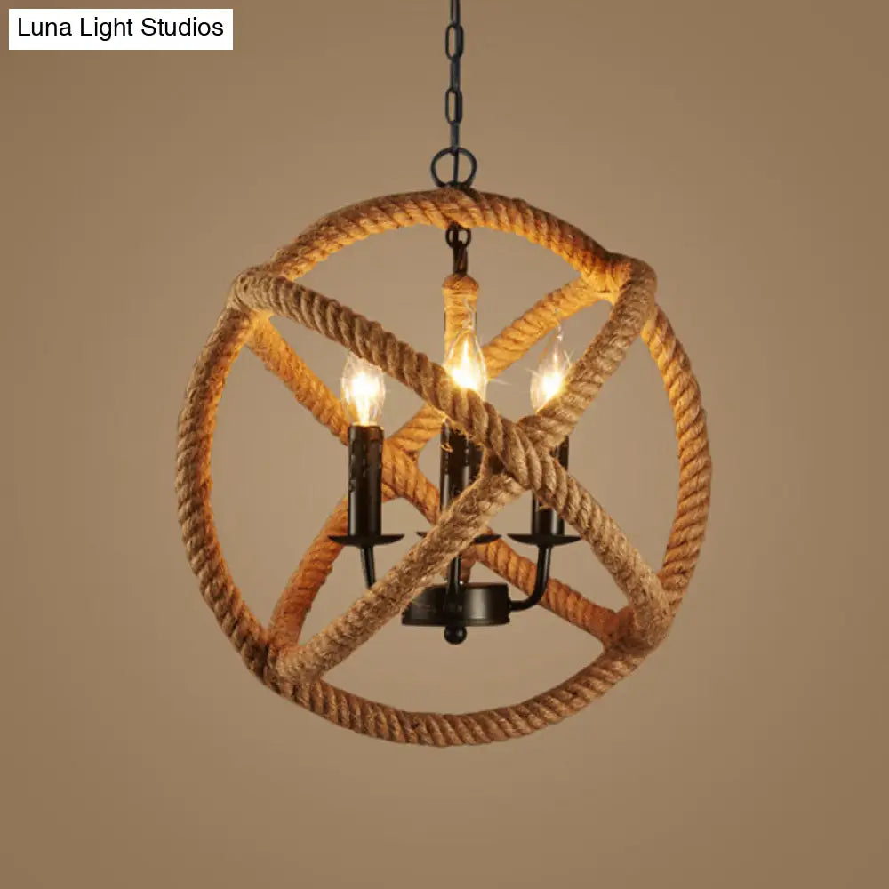 Flaxen Hemp Rope Pendant Ceiling Light with Metallic Candle – Retro Style, 3-Bulb Suspension Lighting Sphere