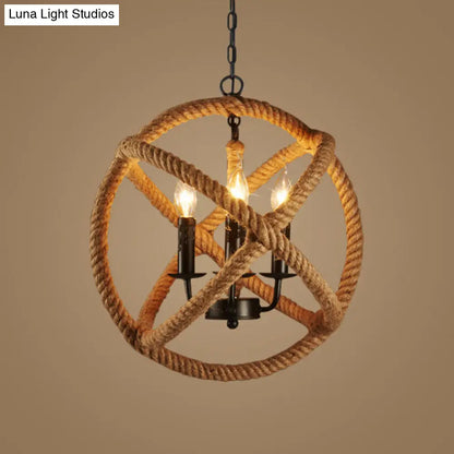 Flaxen Hemp Rope Pendant Ceiling Light with Metallic Candle – Retro Style, 3-Bulb Suspension Lighting Sphere