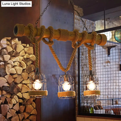 DecorBites™ Flaxen Retro Birdcage Island Ceiling Light with Hemp Rope - 3 Bulbs Suspension Lighting