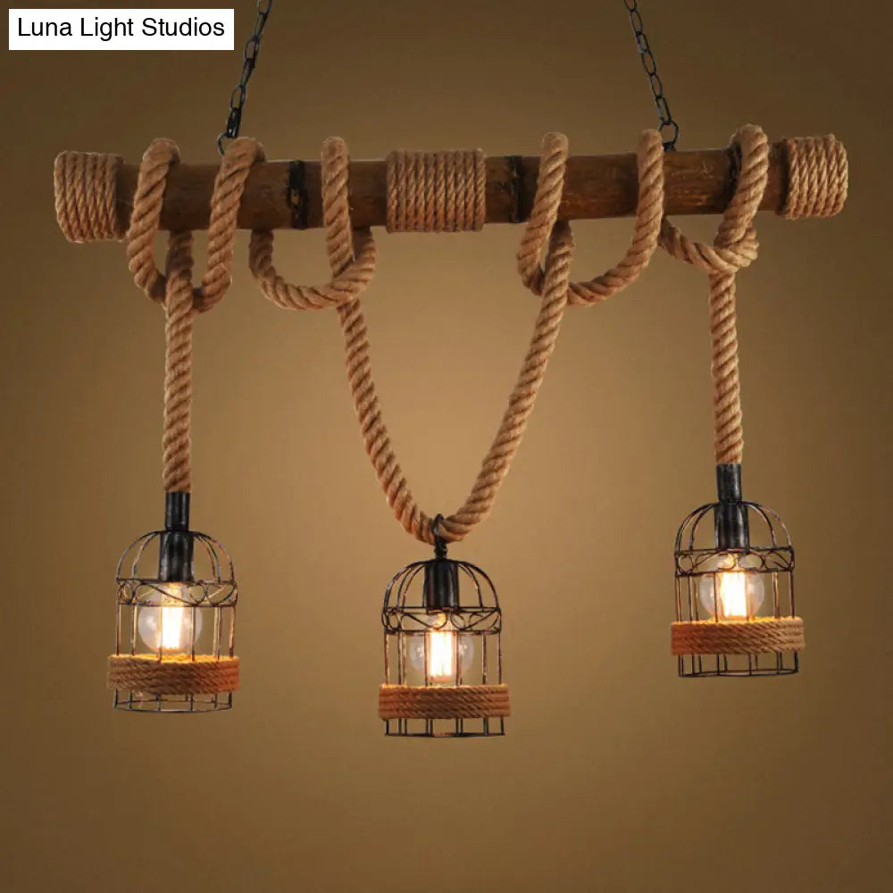 DecorBites™ Flaxen Retro Birdcage Island Ceiling Light with Hemp Rope - 3 Bulbs Suspension Lighting