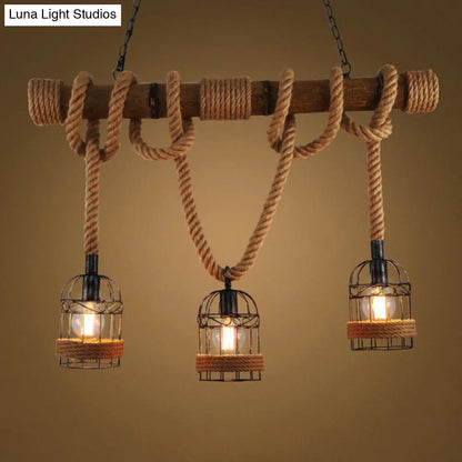 DecorBites™ Flaxen Retro Birdcage Island Ceiling Light with Hemp Rope - 3 Bulbs Suspension Lighting