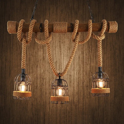 DecorBites™ Flaxen Retro Birdcage Island Ceiling Light with Hemp Rope - 3 Bulbs Suspension Lighting