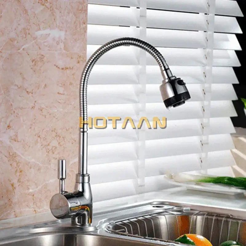 Chrome finished flexible gooseneck brass kitchen mixer faucet with black pull-down spray head for decorbites brass kitchen
