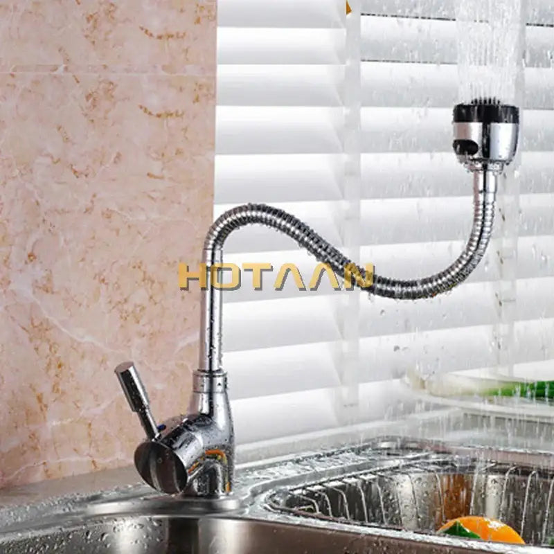 Chrome finished brass kitchen mixer faucet with flexible coiled hose and extendable spray head by decorbites brass kitchen