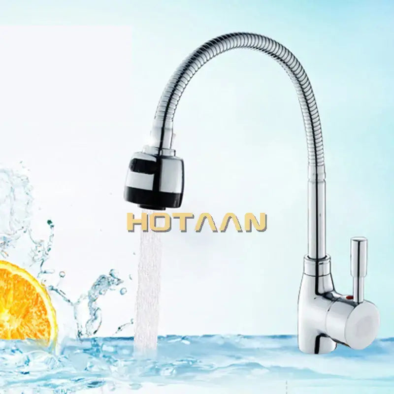 Silver flexible gooseneck kitchen mixer faucet with black chrome spray head for decorbites brass kitchen use