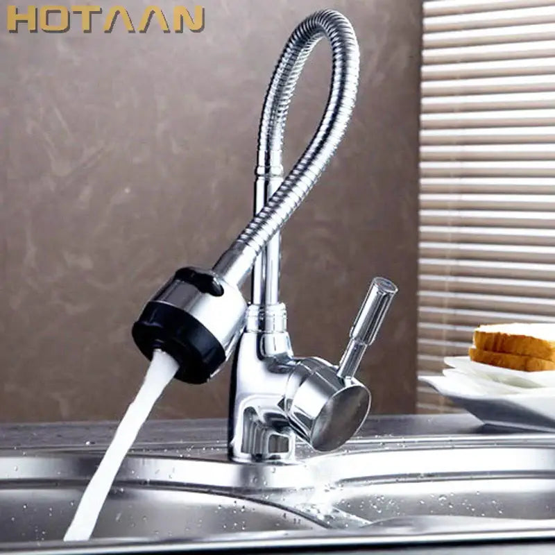 Flexible chrome and black brass kitchen mixer faucet with coiled gooseneck spout and rubberized spray head for decorbites brass kitchen