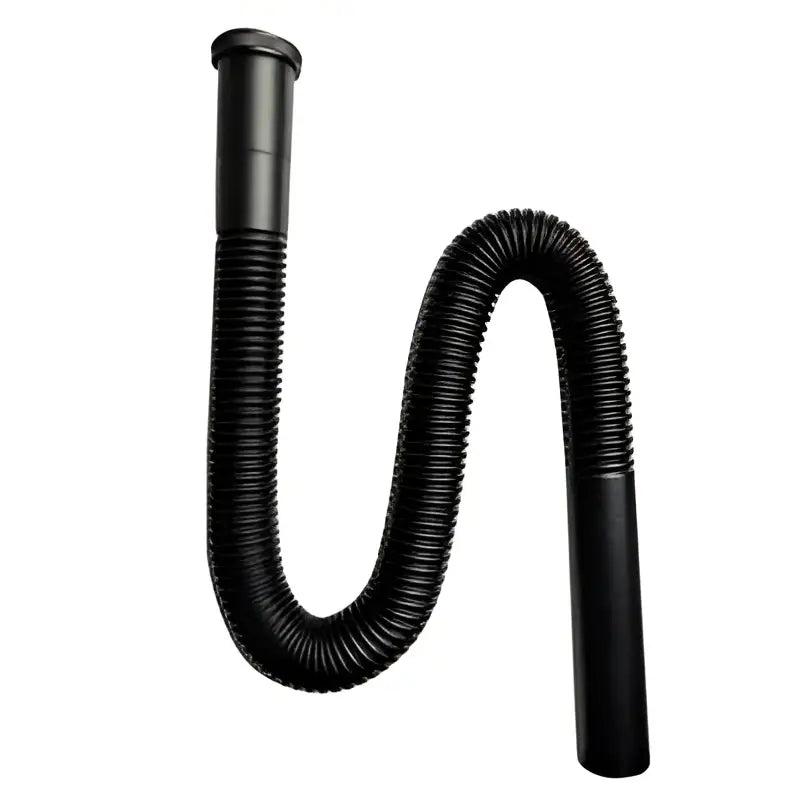 Black flexible siphon sink drain hose with ribbed texture and rigid chrome brass end caps for kitchen use