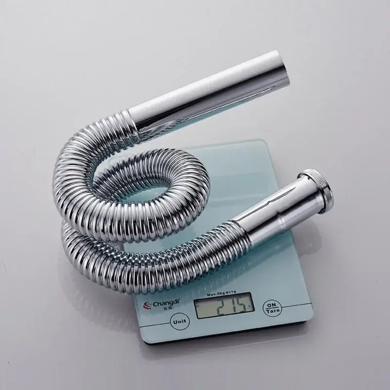 Shiny chrome-finished flexible siphon sink drain pipe with corrugated brass body and solid metal ends for kitchen use