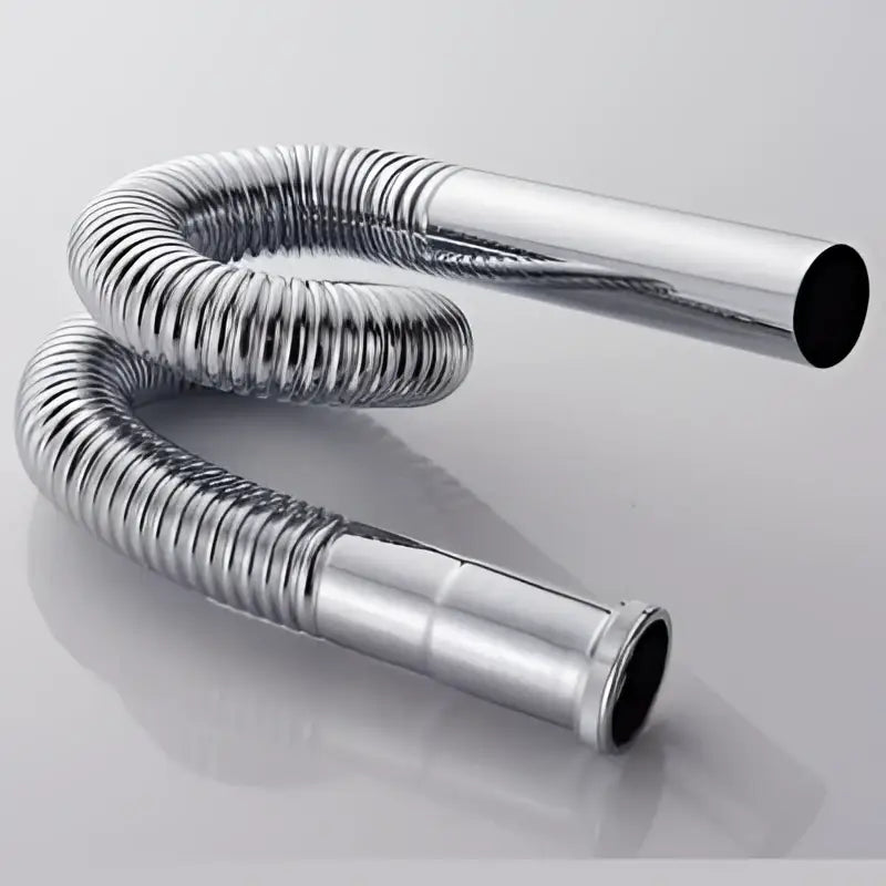 A flexible chrome brass siphon sink drain pipe featuring a corrugated metal hose with smooth cylindrical ends