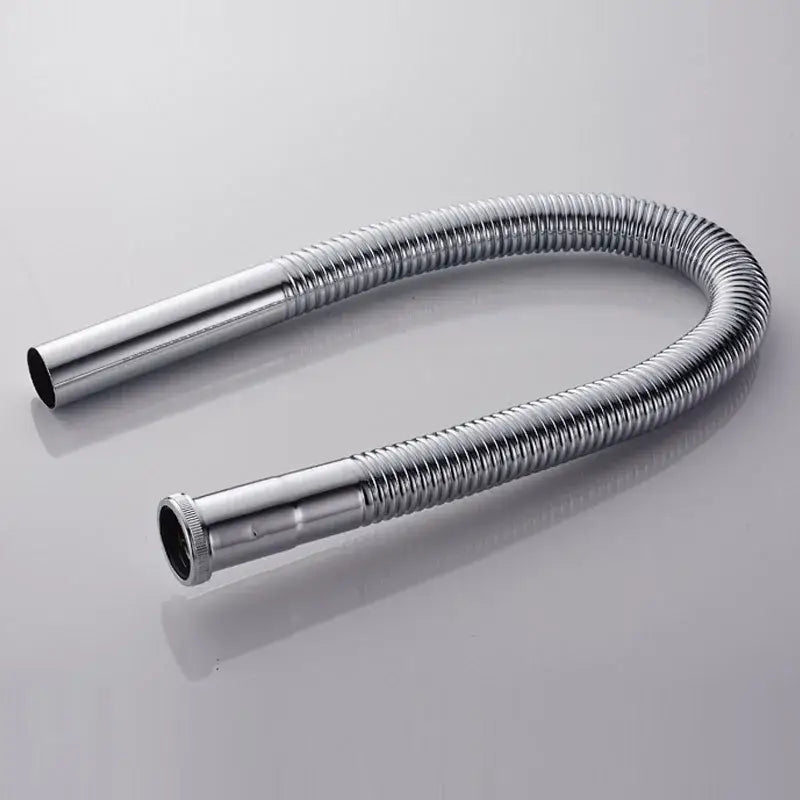 A sleek flexible chrome brass siphon sink drain pipe with ribbed texture and threaded ends for kitchen use