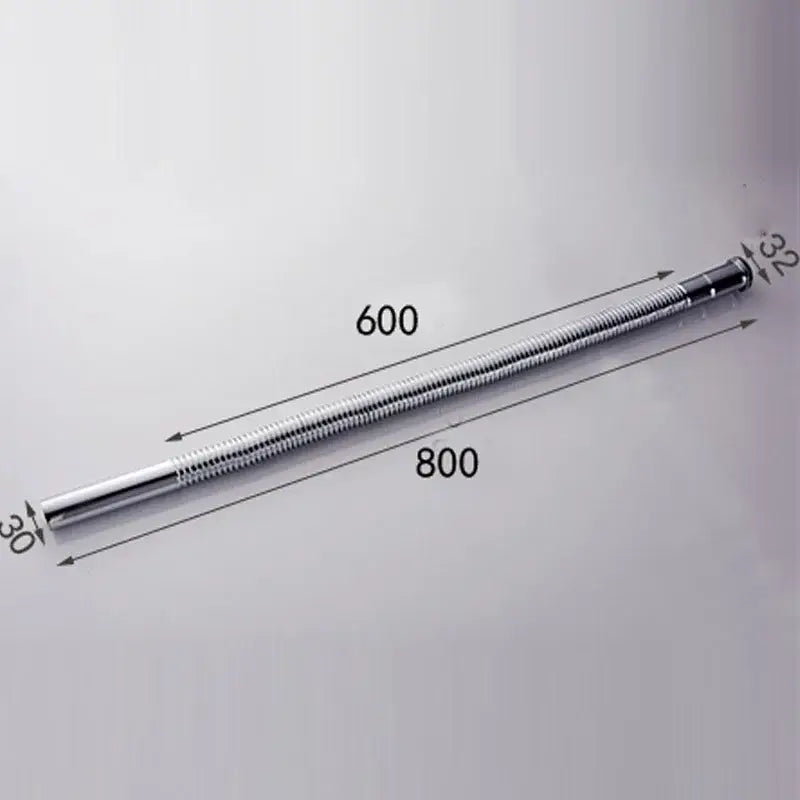 A flexible chrome brass siphon sink drain pipe with ribbed texture and threaded ends for sink drain use