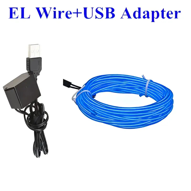 Blue neon light el wire coiled with black usb adapter for power decorbites 3v neon flexible light el wire set