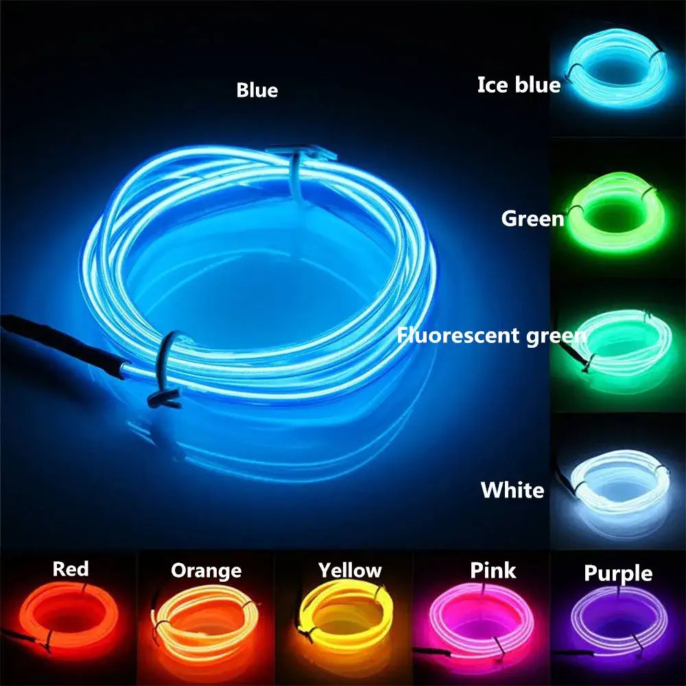 Coiled blue neon light el wire with flexible translucent plastic casing glowing brightly for car and bedroom decorbites 3v neon use