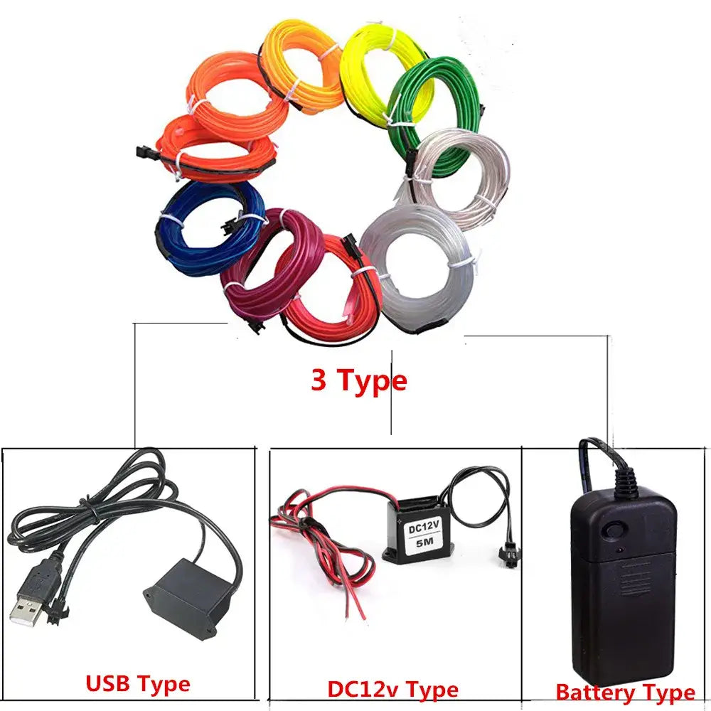 A set of colorful flexible neon light el wire strips in orange yellow green blue purple red and clear with black connectors for decorbites 3v neon car and bedroom decor
