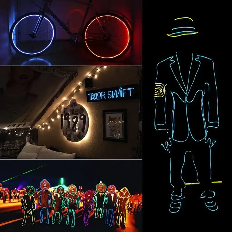 Neon light el wire set featuring a flexible blue glowing outline of a man in suit and hat for decorbites 3v neon decor
