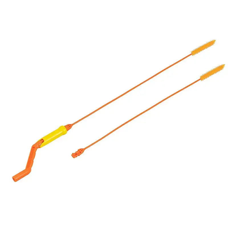 Flexible orange and yellow plastic drain cleaner brush with curved handle for kitchen clog removal