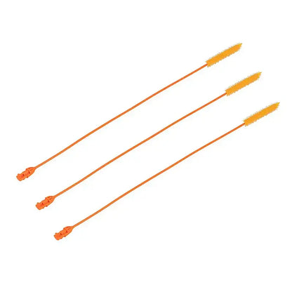 Three bright orange plastic drain cleaner brushes with flexible bristled heads and molded handles for kitchen clogs