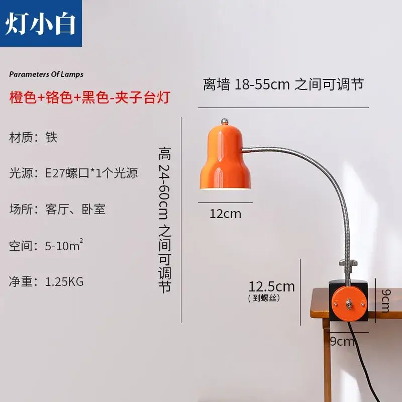 Flexible red and black decorbites adjustable led desk lamp with orange glossy plastic shade and chrome gooseneck clamp base