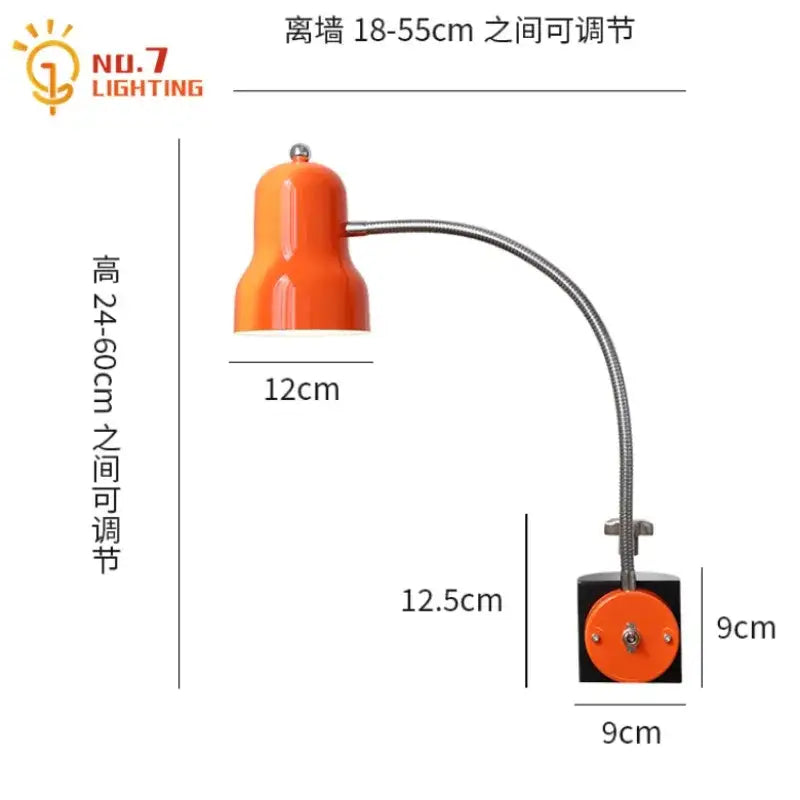 Orange bell-shaped decorbites adjustable led desk lamp with flexible metallic arm and black base for bedroom reading light