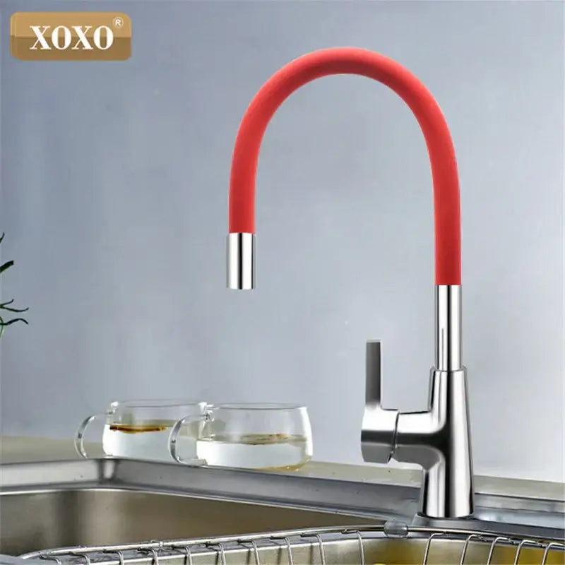 Flexible red silica gel nose kitchen faucet with chrome handle and xoxo brand featuring a silicone flexible spout