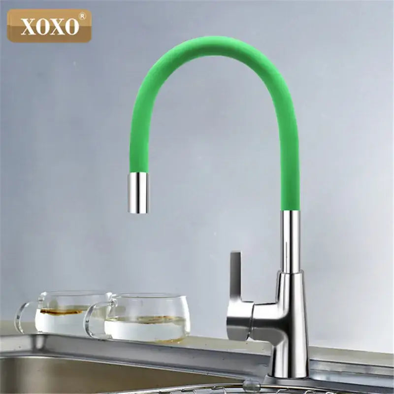 Green flexible silica gel nose kitchen faucet with chrome handle base branded xoxo for gel nose kitchen use