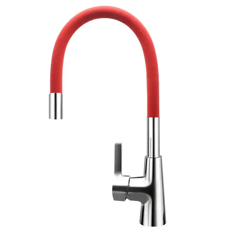 A flexible red silica gel nose kitchen faucet with a sleek chrome handle and vibrant red flexible hose curved upward