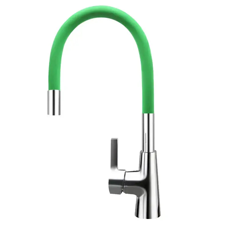 A modern nose kitchen faucet with a flexible green silica gel nose and polished chrome handle and finish