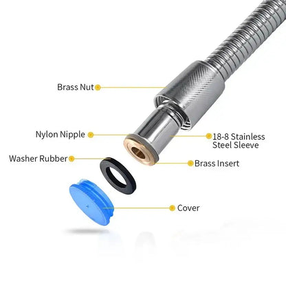 Flexible silver stainless steel shower hose with brass nut, 18-8 stainless steel sleeve, and blue plastic cover decorbites 3m silver