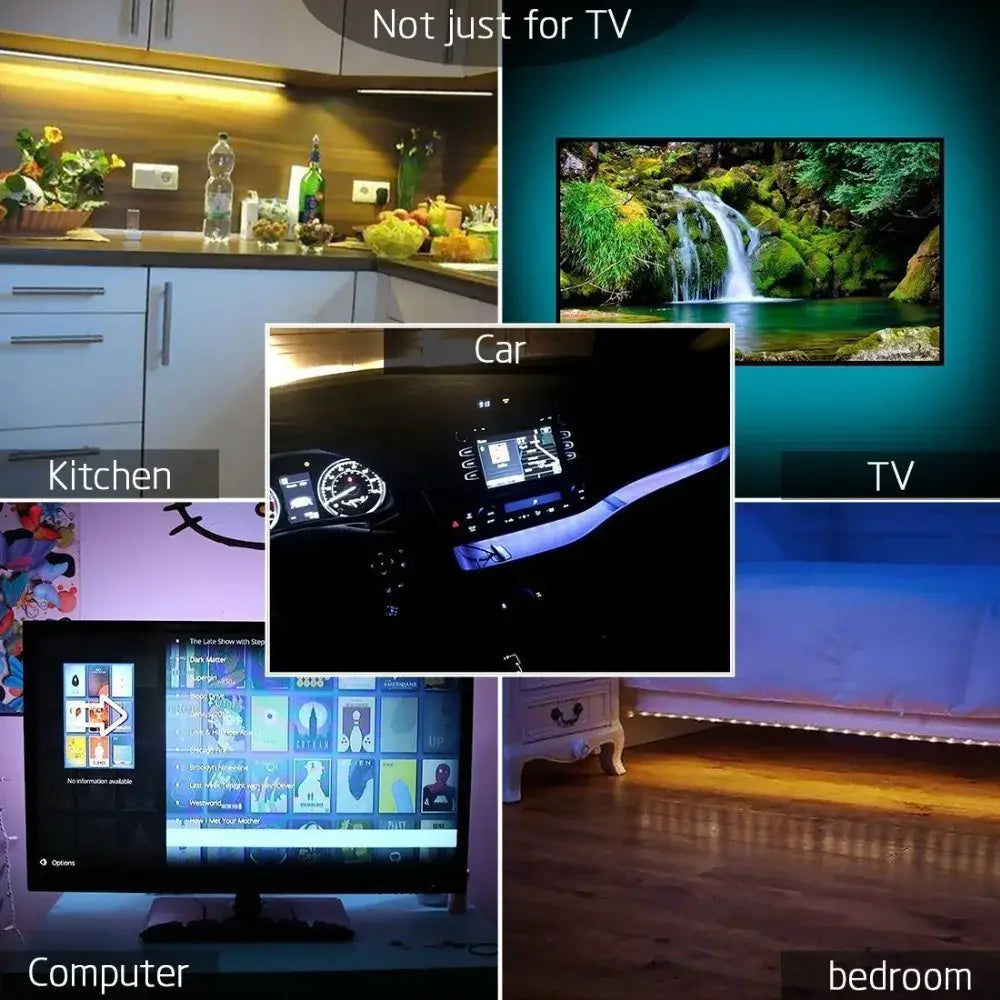 Black flat-screen tv with slim bezel displaying media apps and flexible usb led light strips as bedroom night light