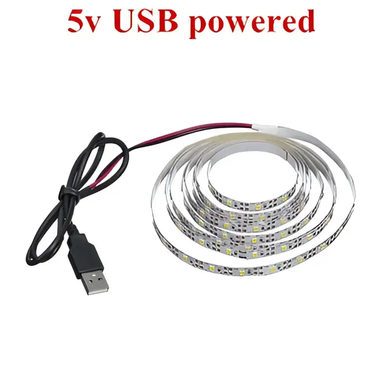 Flexible white and silver usb-powered led light strips with small evenly spaced lights for tv background and bedroom use