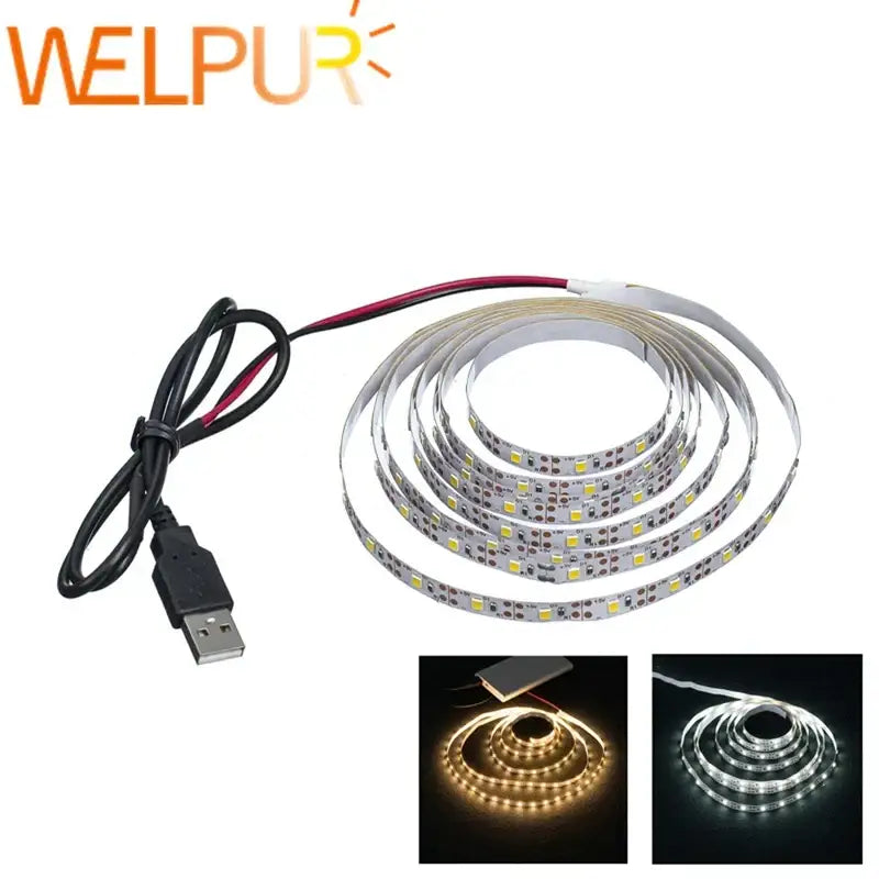 Welpur flexible usb led light strips with small yellow leds on silver adhesive backing for tv background and bedroom lighting