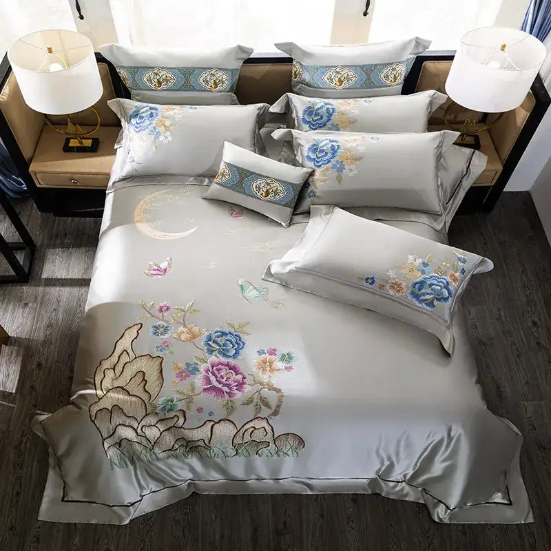 Silk satin floral 200s embroidered egyptian cotton bedding set in blue pink and gold on light gray base