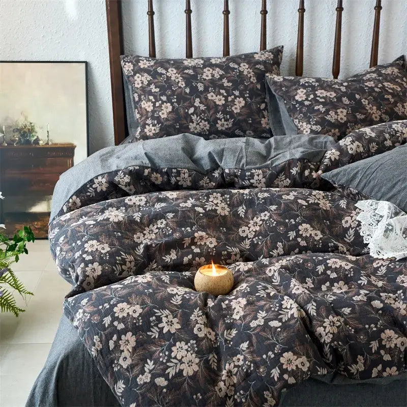Dark gray floral duvet cover set with beige and brown blossoms made of soft cotton jacquard for bedroom bedding
