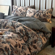 Beige and brown floral jacquard cotton duvet cover set with matching pillowcases for bedroom bedding