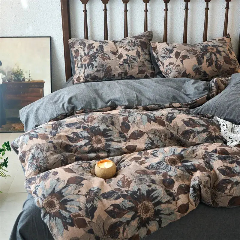 Cozy cotton duvet cover set with muted beige and brown floral sunflower jacquard design for bedroom bedding