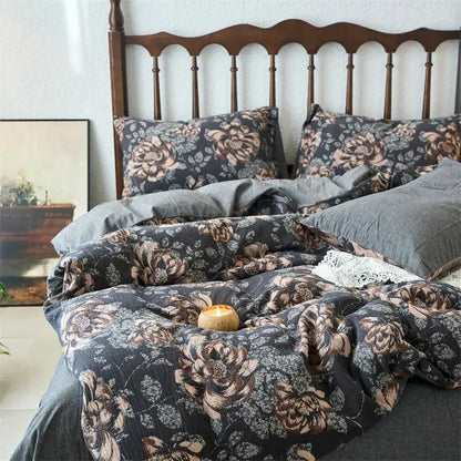 Dark gray floral duvet cover set with muted brown and beige blossoms soft cotton texture for bedroom bedding