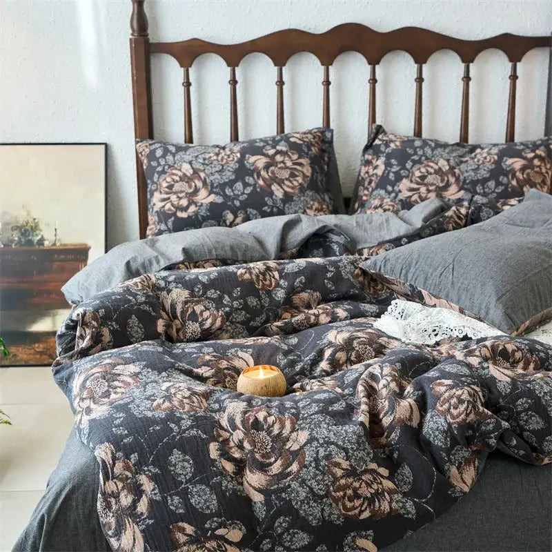 Dark gray floral duvet cover set with muted brown and beige blossoms soft cotton texture for bedroom bedding