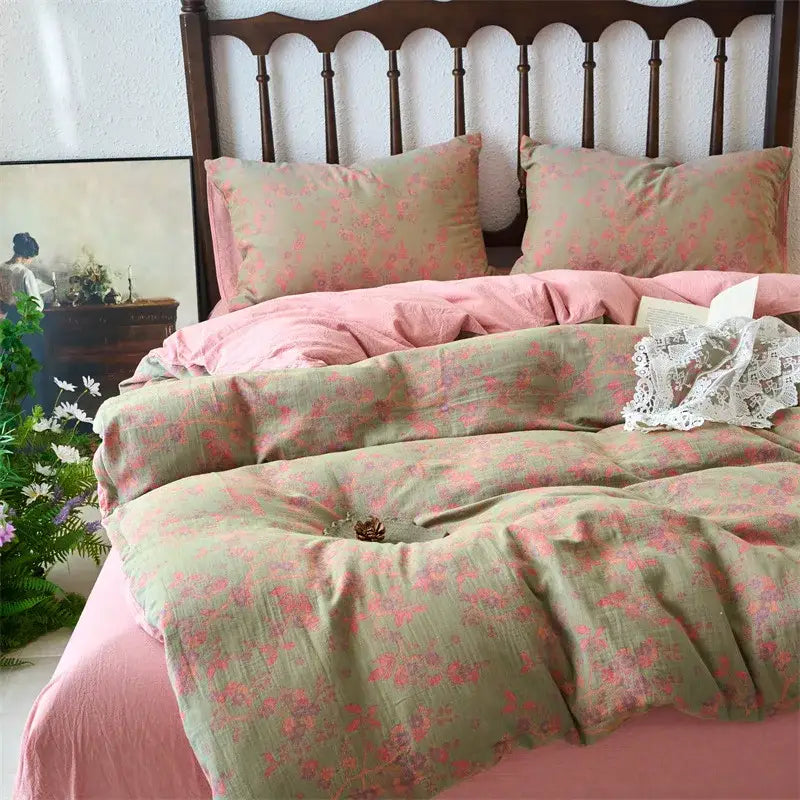 Floral beige and brown jacquard cotton duvet cover set featuring a soft sage green cover with pink floral patterns and texture