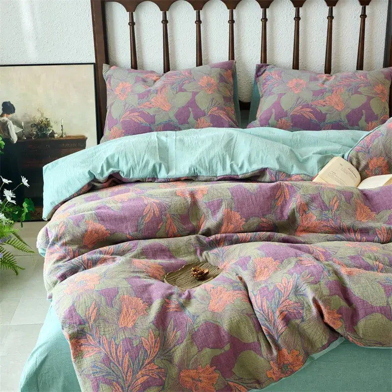 Floral beige and brown jacquard cotton duvet cover set with purple and orange floral pattern and mint green lining
