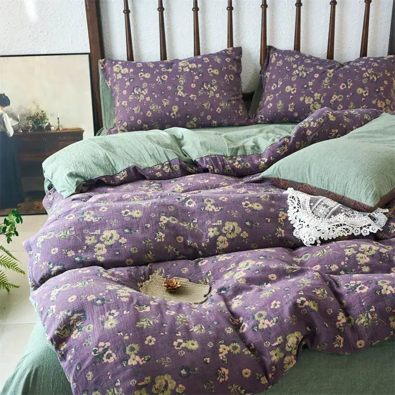Floral beige and brown jacquard cotton duvet cover set with purple floral design and subtle green accents soft textured fabric