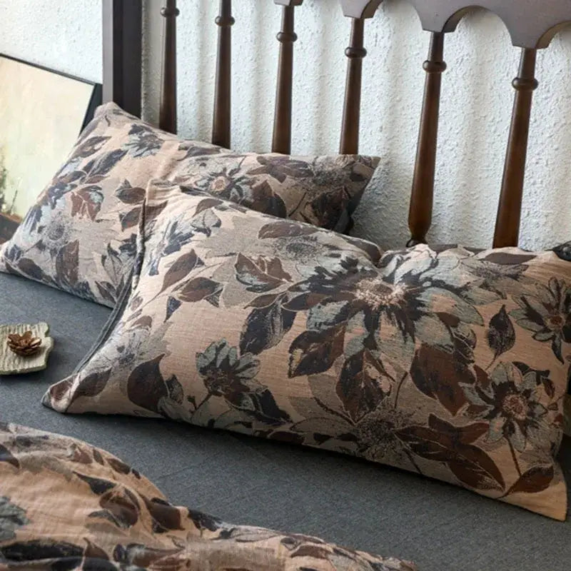 Beige and brown floral patterned pillowcases with soft textured cotton fabric in a floral duvet cover set