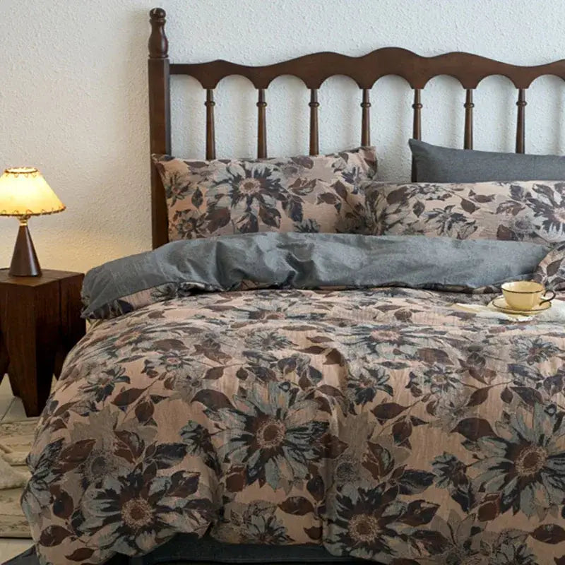 Beige and brown floral jacquard duvet cover set with matching pillowcase made of soft cotton fabric for bedroom use