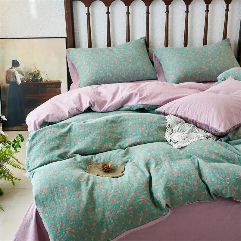 Teal floral duvet cover set with pink accents and lace trim made of cotton for bedroom bedding use