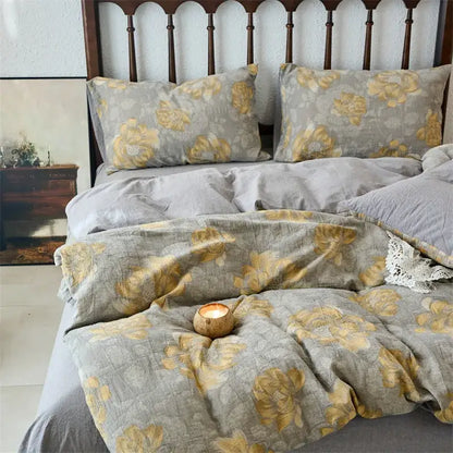 Floral beige and brown jacquard duvet cover set with gray and gold floral textured linen-like fabric cotton bedding